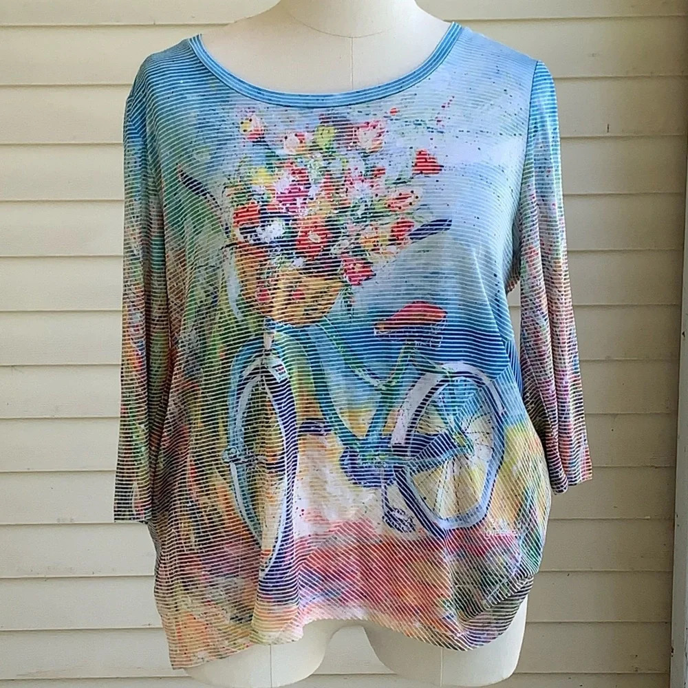 Leoma Lovegrove Top XL Bicycle Flower Basket Blouse Top Florida Art To Wear